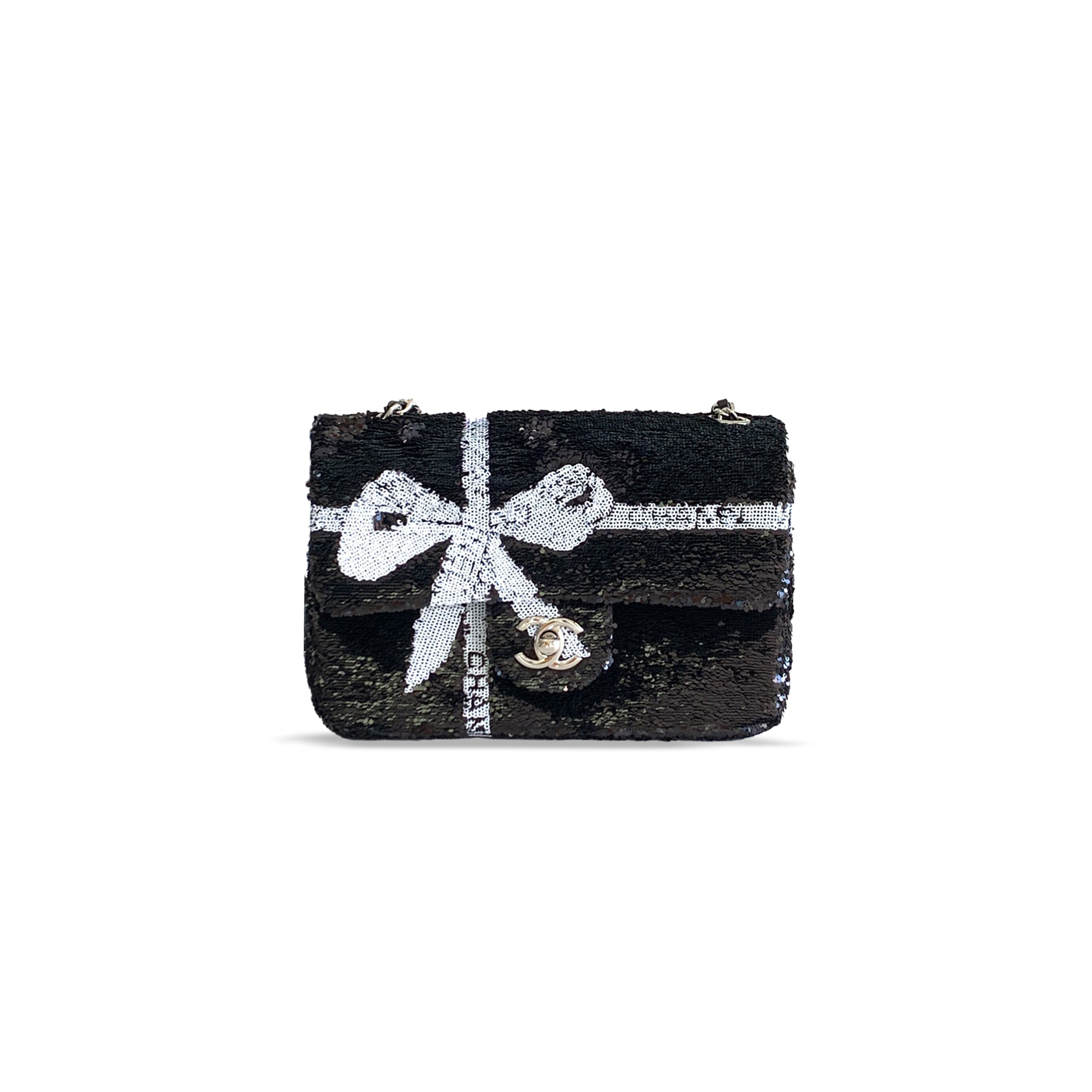 Ch*el 24b white & black sequin bow mini flap silver hardware bag as2090 (20*13*6cm)